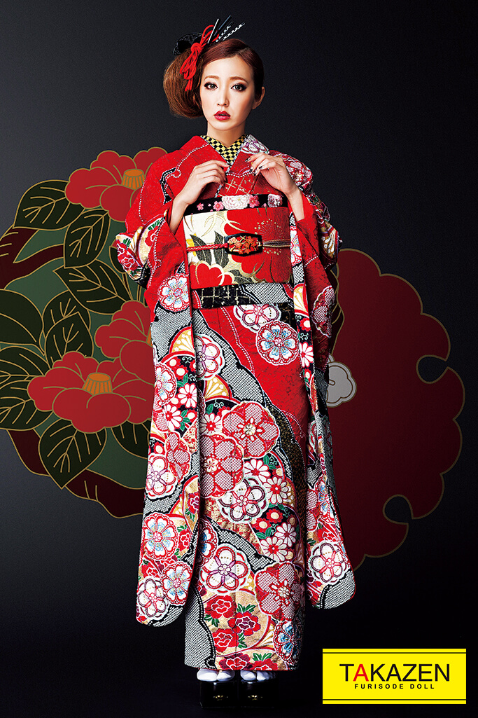 TAKAZENのレンタル振袖 ジャパンモード　赤/黒　絞り柄　高級　かっこいい　粋古典　花魁風振袖　坂本礼美【通販可】#F0104