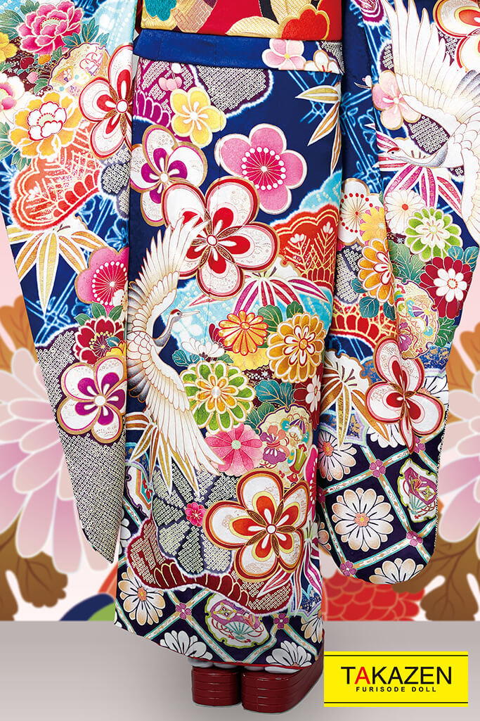 TAKAZENのレンタル振袖 正統派古典　青色/ブルー　梅柄/鶴柄　目立つ　華やか　レトロポップ振袖　人と被らない　縁起の良い柄【通販可】21028