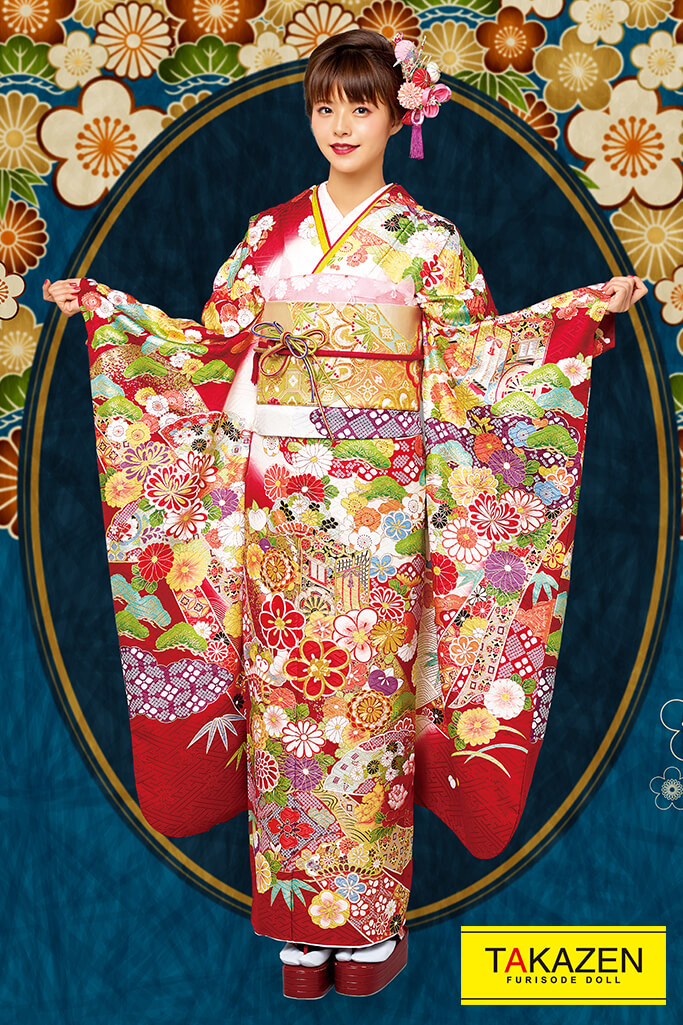 TAKAZENのレンタル振袖 プレミアム古典　赤/クリーム/ゴールド(金色)　上品　最高級　豪華　桂由美プレミアム振袖　鈴木ゆうか【通販可】21033