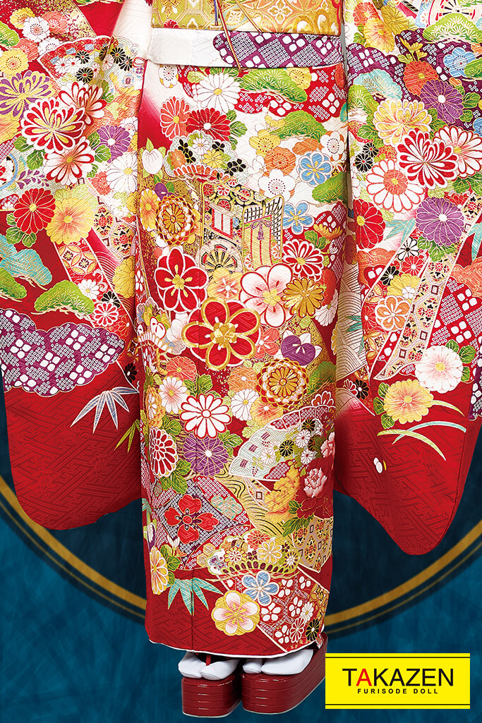 TAKAZENのレンタル振袖 プレミアム古典　赤/クリーム/ゴールド(金色)　上品　最高級　豪華　桂由美プレミアム振袖　鈴木ゆうか【通販可】21033