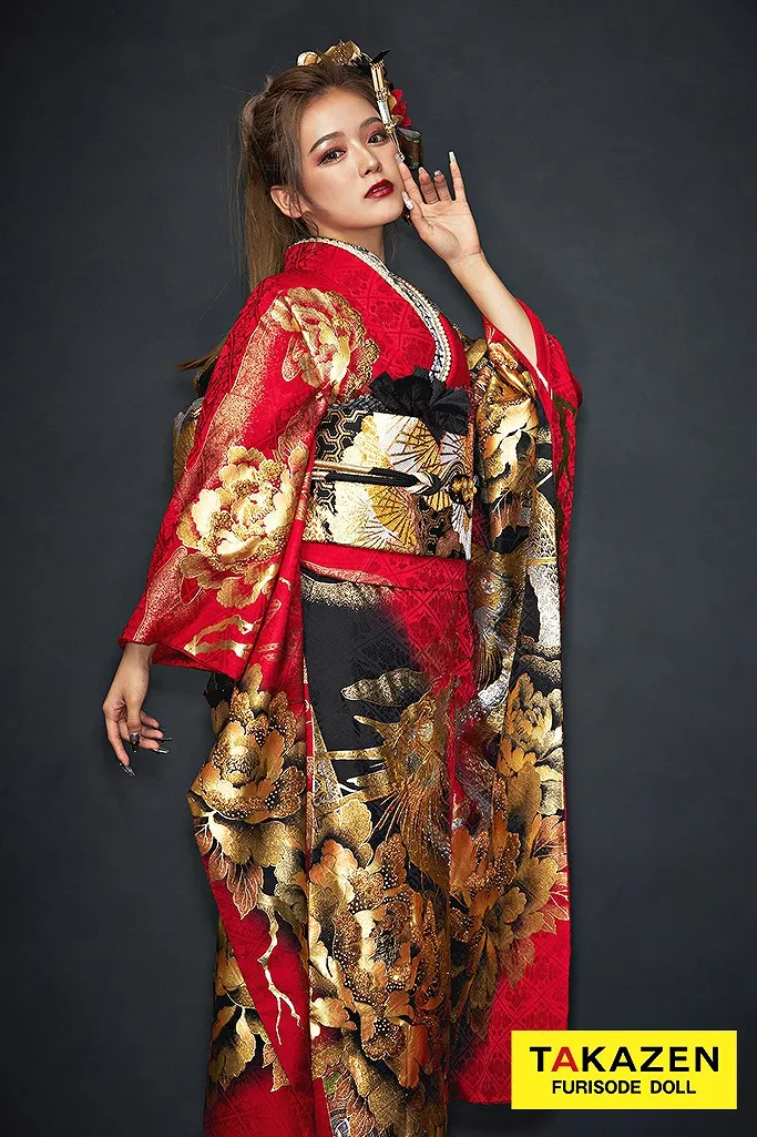 TAKAZENのレンタル振袖 ジャパンモード　赤/黒/ゴールド(金色)　本家龍柄　派手　渋い振袖　かっこいい　ギャル　いかつい　スワロフスキー付き　中村りおん【通販可】21046