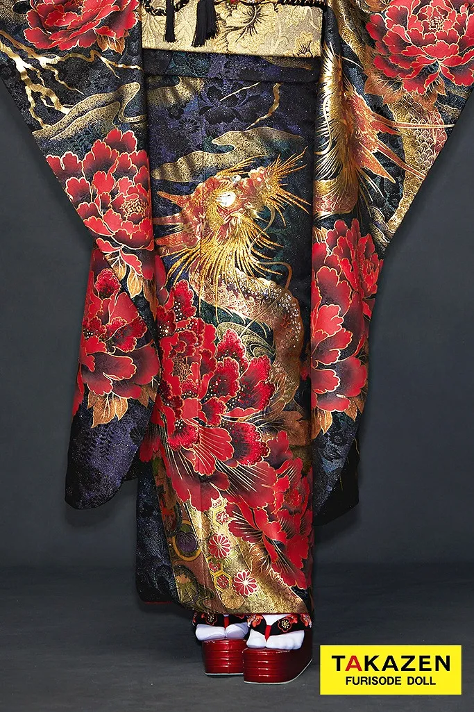 TAKAZENのレンタル振袖 ジャパンモード　赤黒/ゴールド　本家龍柄　一番目立つ　人気　極妻風　派手振袖　ギラギラ　かっこいい　中村りおん【通販可】21047