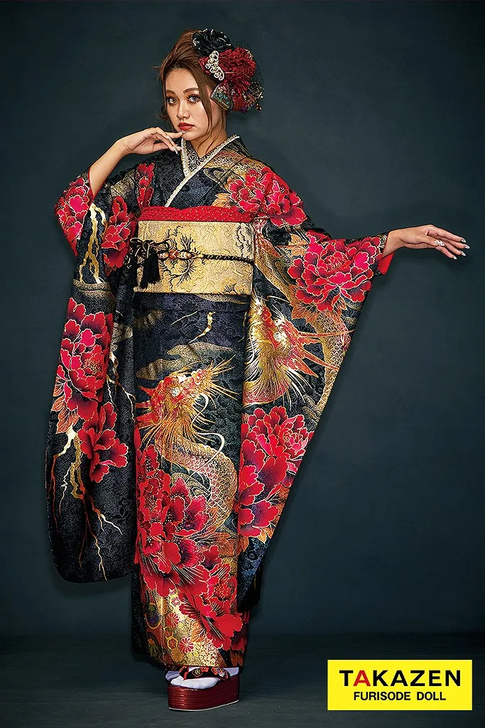 TAKAZENのレンタル振袖 ジャパンモード　赤黒/ゴールド　本家龍柄　一番目立つ　人気　極妻風　派手振袖　ギラギラ　かっこいい　中村りおん【通販可】21047
