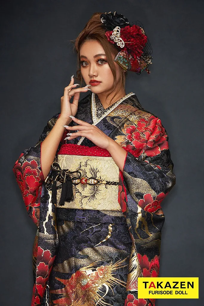 TAKAZENのレンタル振袖 ジャパンモード　赤黒/ゴールド　本家龍柄　一番目立つ　人気　極妻風　派手振袖　ギラギラ　かっこいい　中村りおん【通販可】21047