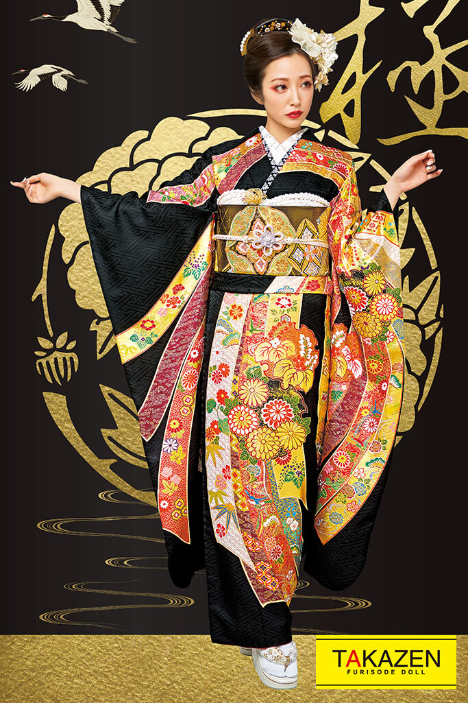 TAKAZENのレンタル振袖 ジャパンモード　黒/金(ゴールド)　熨斗柄　最高級　豪華　かっこいい　上品　坂本礼美【通販可】21048