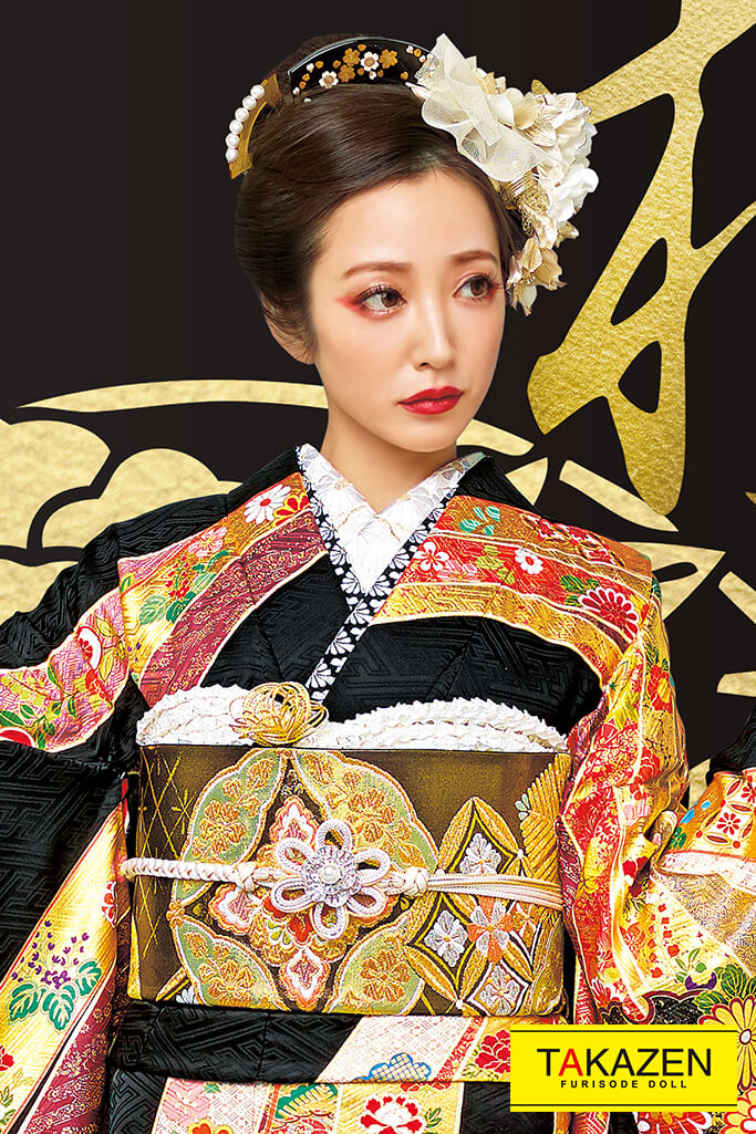 TAKAZENのレンタル振袖 ジャパンモード　黒/金(ゴールド)　熨斗柄　最高級　豪華　かっこいい　上品　坂本礼美【通販可】21048