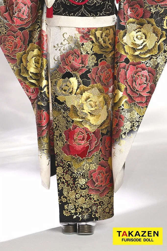 TAKAZENのレンタル振袖 モード系　赤/黒/ゴールド(金色)　薔薇柄　ゴージャス　派手　華やか　ギャル振袖　豪華　キラキラスワロフスキー付き　セクシー　中村りおん【通販可】21049