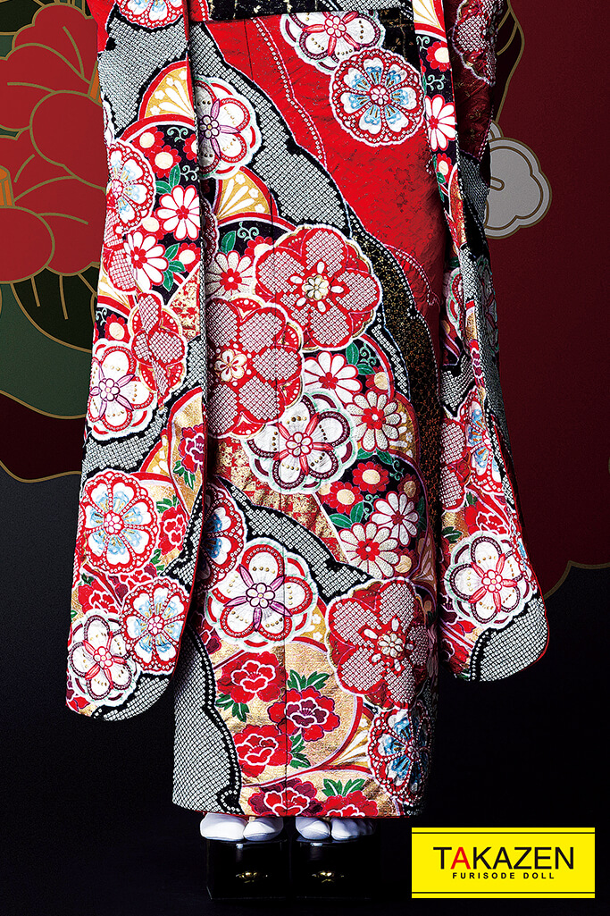 TAKAZENのレンタル振袖 ジャパンモード　赤/黒　絞り柄　高級　かっこいい　粋古典　花魁風振袖　坂本礼美【通販可】#F0104