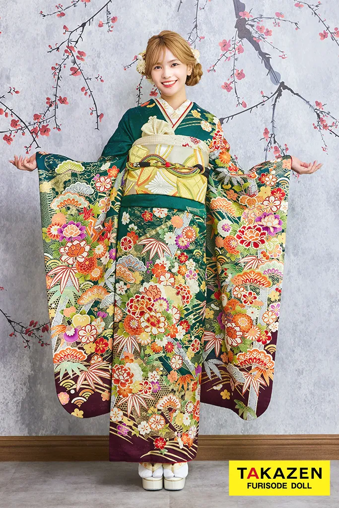 TAKAZENのレンタル振袖 安い！正統派古典　緑　吉祥文様/松竹梅　清楚　王道　上品【通販可】30086
