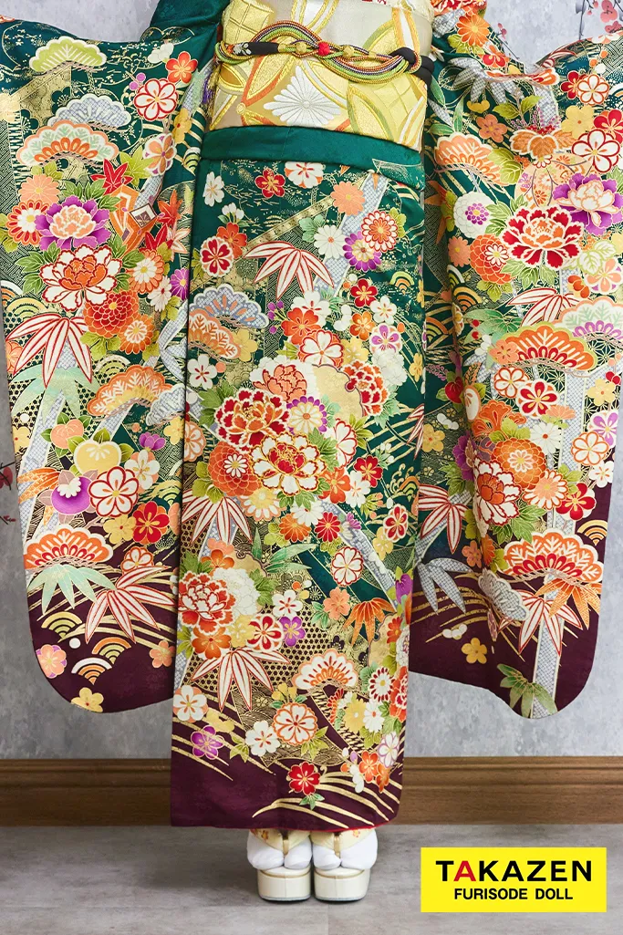 TAKAZENのレンタル振袖 安い！正統派古典　緑　吉祥文様/松竹梅　清楚　王道　上品【通販可】30086