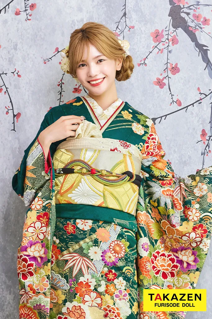 TAKAZENのレンタル振袖 安い！正統派古典　緑　吉祥文様/松竹梅　清楚　王道　上品【通販可】30086