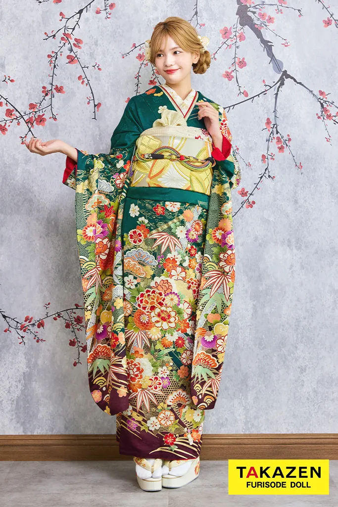 TAKAZENのレンタル振袖 安い！正統派古典　緑　吉祥文様/松竹梅　清楚　王道　上品【通販可】30086