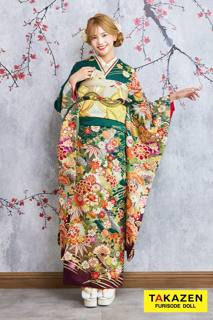 TAKAZENのレンタル振袖 安い！正統派古典　緑　吉祥文様/松竹梅　清楚　王道　上品【通販可】30086