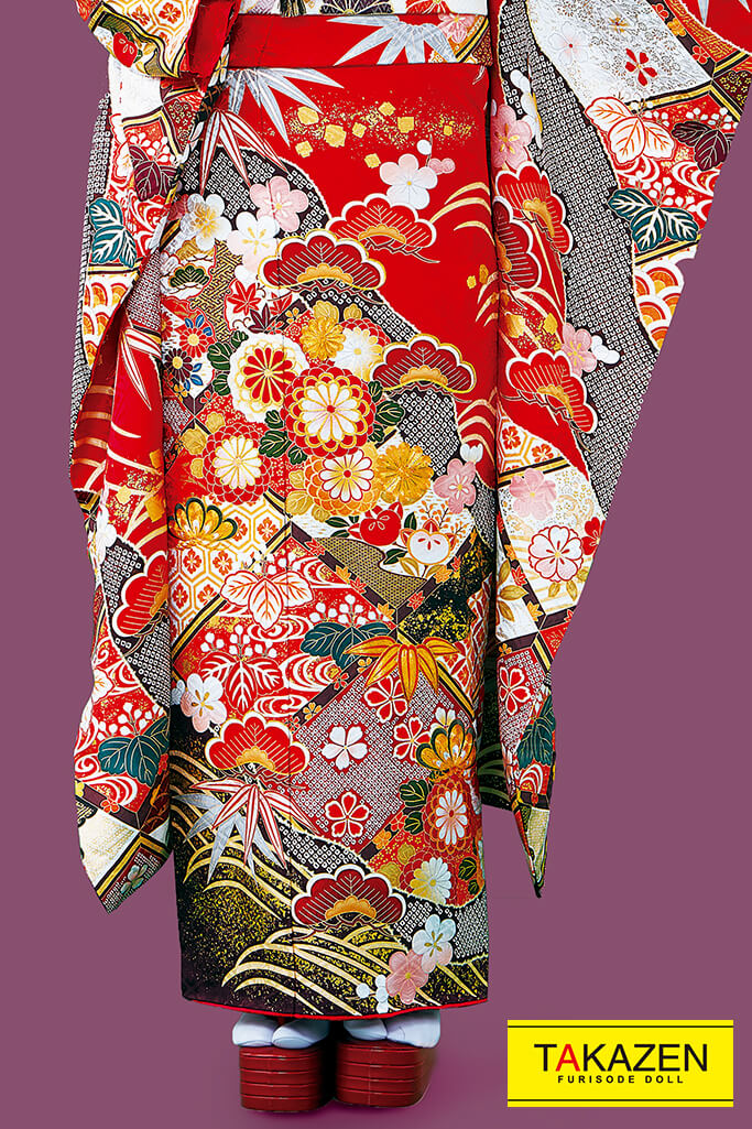 TAKAZENのレンタル振袖 正統派古典　赤/黒/ゴールド(金色)　菊柄/和柄/小さめ柄　定番人気　上品　綺麗古典振袖　大人　可愛い【通販可】32052