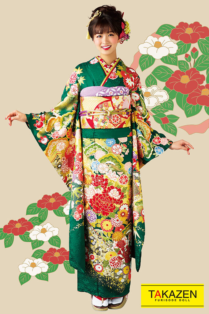 TAKAZENのレンタル振袖 正統派古典　緑色/金(ゴールド)　牡丹柄　豪華　金彩古典振袖　桂由美プレミアム【通販可】32057