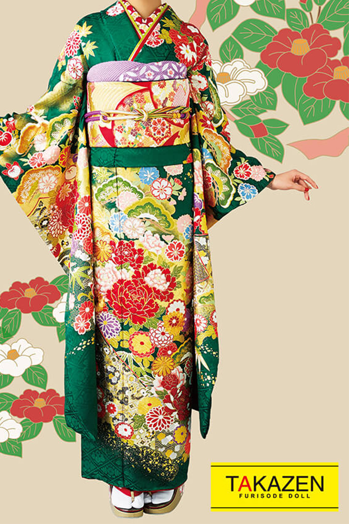 TAKAZENのレンタル振袖 正統派古典　緑色/金(ゴールド)　牡丹柄　豪華　金彩古典振袖　桂由美プレミアム【通販可】32057