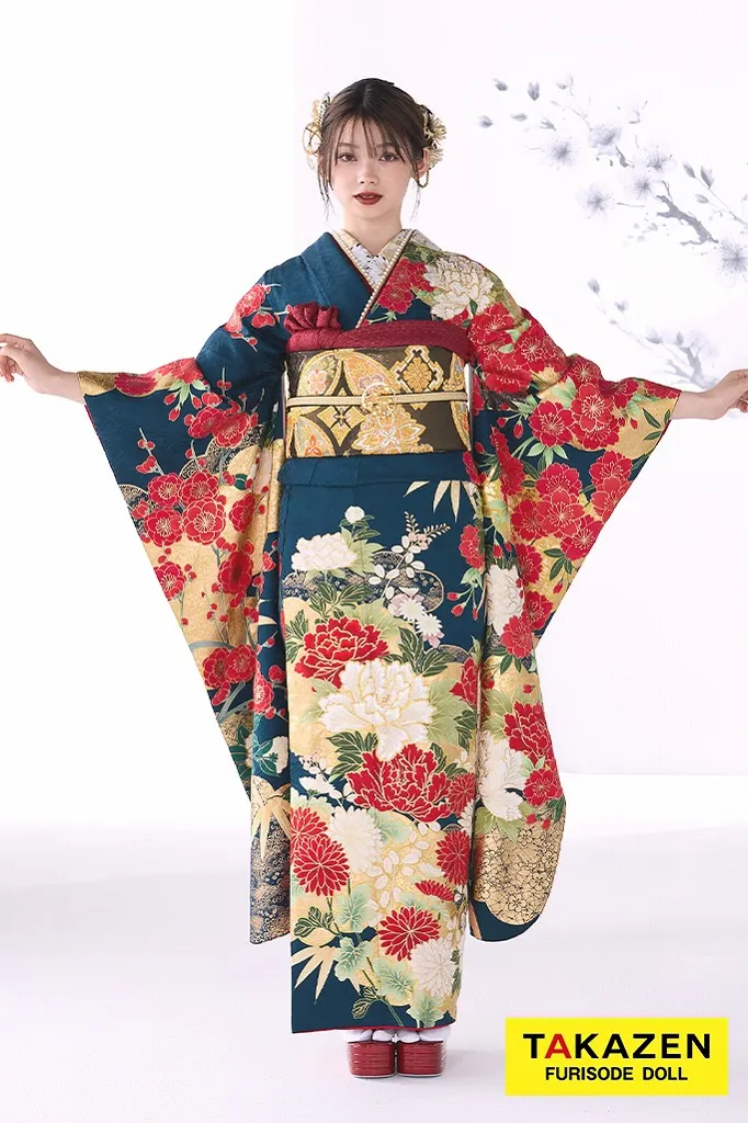 TAKAZENのレンタル振袖 粋古典　紺/赤/ゴールド(金色)　牡丹柄/大柄　金彩刺繍京友禅　かっこいい　綺麗め　渋い古典振袖　豪華　南琴奈【通販可】32064