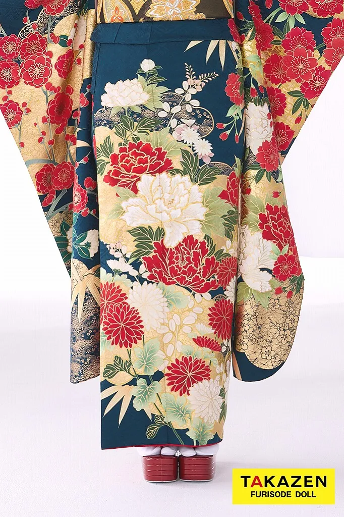 TAKAZENのレンタル振袖 粋古典　紺/赤/ゴールド(金色)　牡丹柄/大柄　金彩刺繍京友禅　かっこいい　綺麗め　渋い古典振袖　豪華　南琴奈【通販可】32064