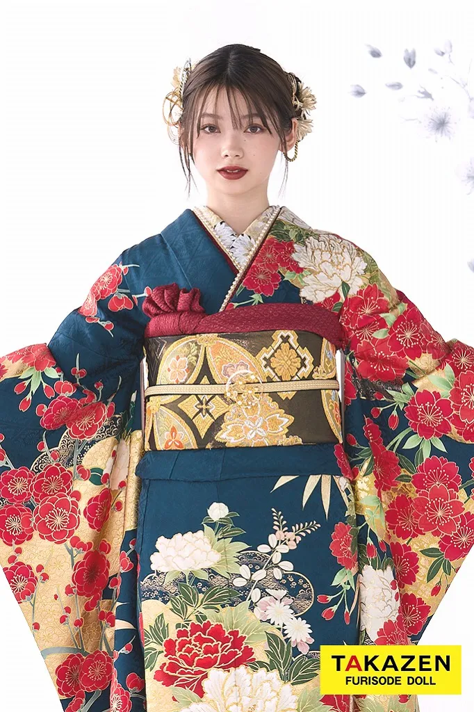 TAKAZENのレンタル振袖 粋古典　紺/赤/ゴールド(金色)　牡丹柄/大柄　金彩刺繍京友禅　かっこいい　綺麗め　渋い古典振袖　豪華　南琴奈【通販可】32064