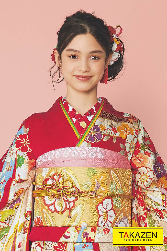 TAKAZENのレンタル振袖 正統派古典　赤/クリーム/ゴールド(金色)　熨斗柄　豪華　大人っぽい　綺麗　【通販可】32065