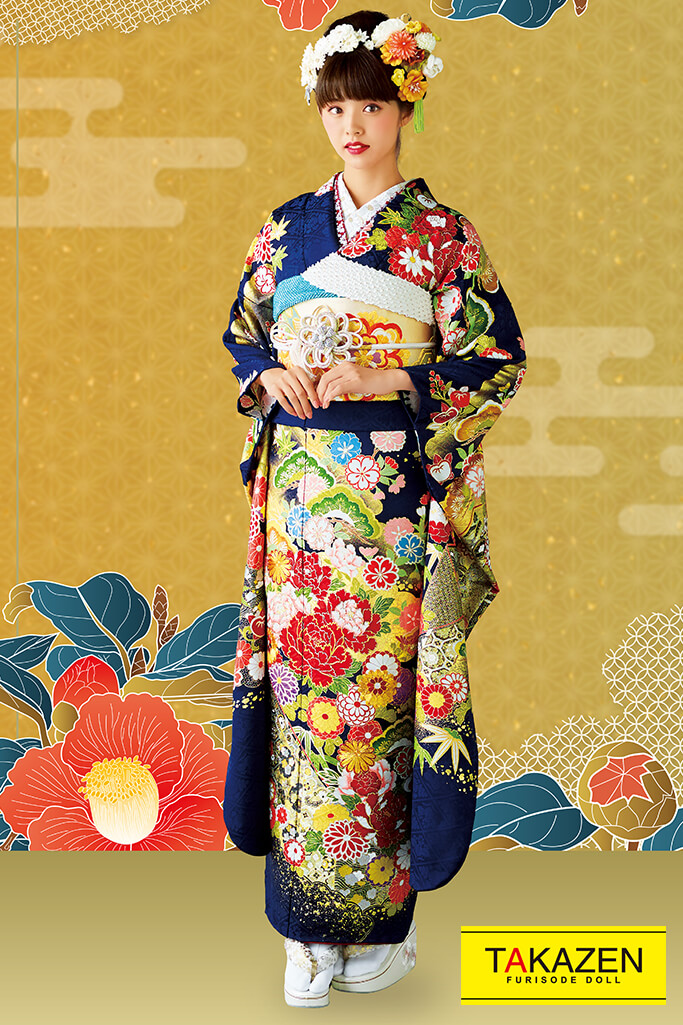 TAKAZENのレンタル振袖 プレミアム古典　紺/赤/ゴールド(金色)　牡丹柄　高級金駒刺繍　本格的正絹着物　桂由美プレミアム振袖　鈴木ゆうか【通販可】32082