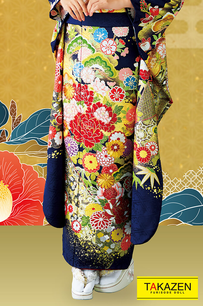 TAKAZENのレンタル振袖 プレミアム古典　紺/赤/ゴールド(金色)　牡丹柄　高級金駒刺繍　本格的正絹着物　桂由美プレミアム振袖　鈴木ゆうか【通販可】32082