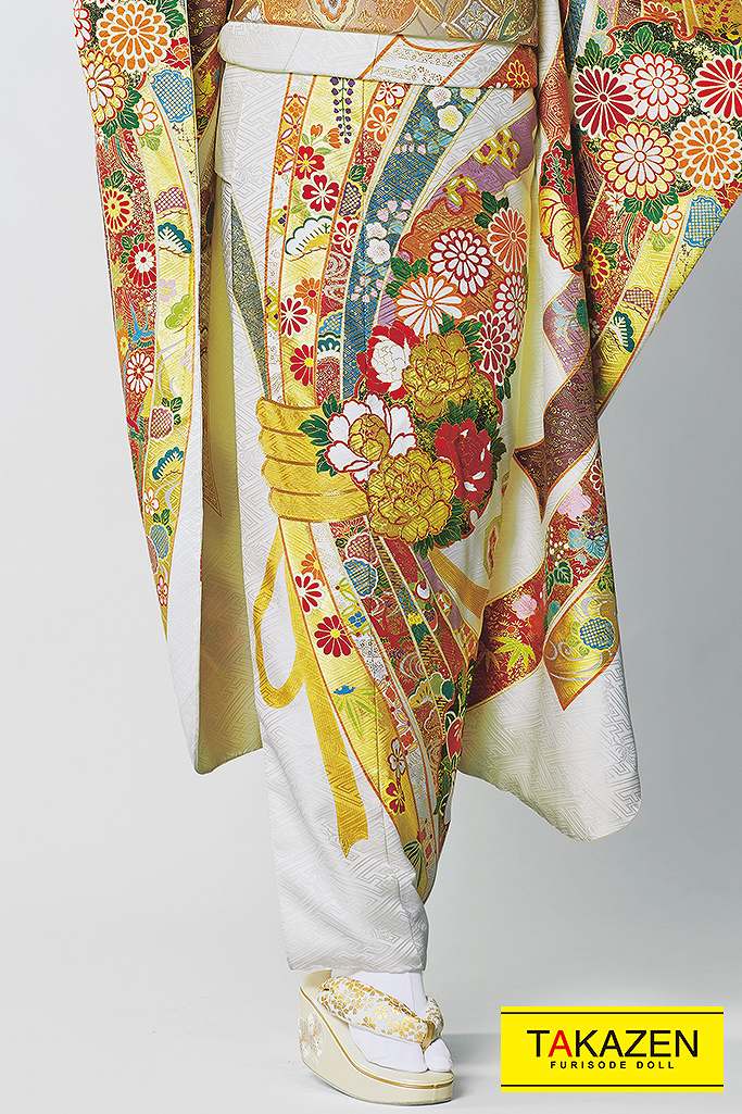 TAKAZENのレンタル振袖 プレミアム古典　白/ゴールド(金色)　熨斗柄　高級古典　豪華　金駒繍　金彩友禅　受賞柄　坂本礼美【通販可】32085