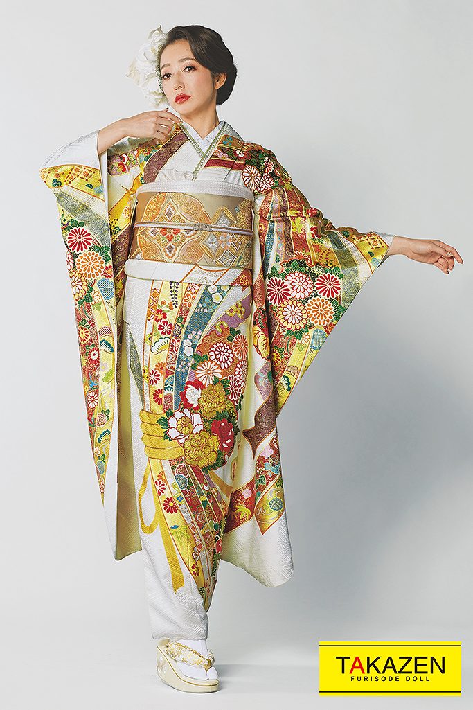 TAKAZENのレンタル振袖 プレミアム古典　白/ゴールド(金色)　熨斗柄　高級古典　豪華　金駒繍　金彩友禅　受賞柄　坂本礼美【通販可】32085