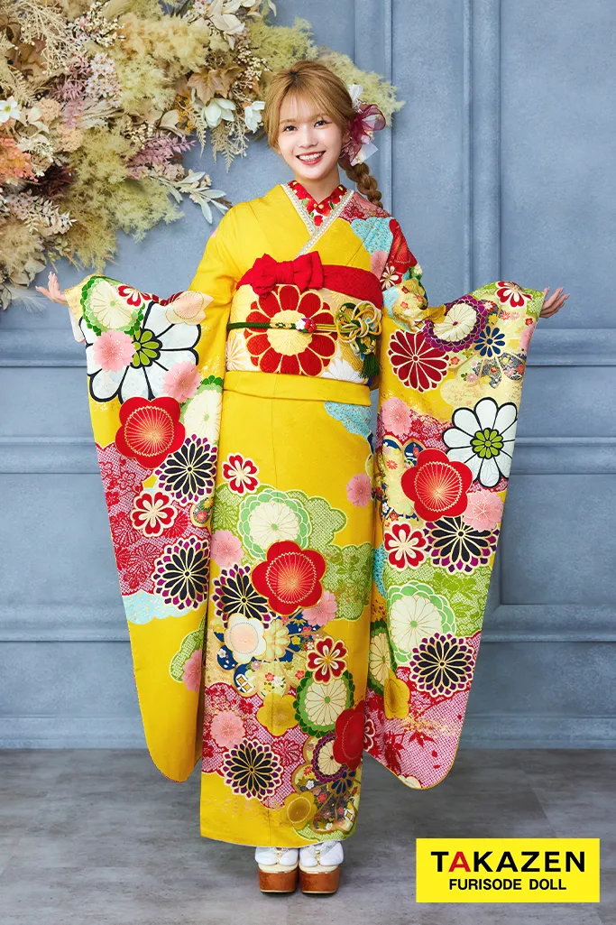 TAKAZENのレンタル振袖 格安レトロポップ古典　黄色　梅柄　モダン　ビタミンカラー　明るい　かわいい【通販可】32094