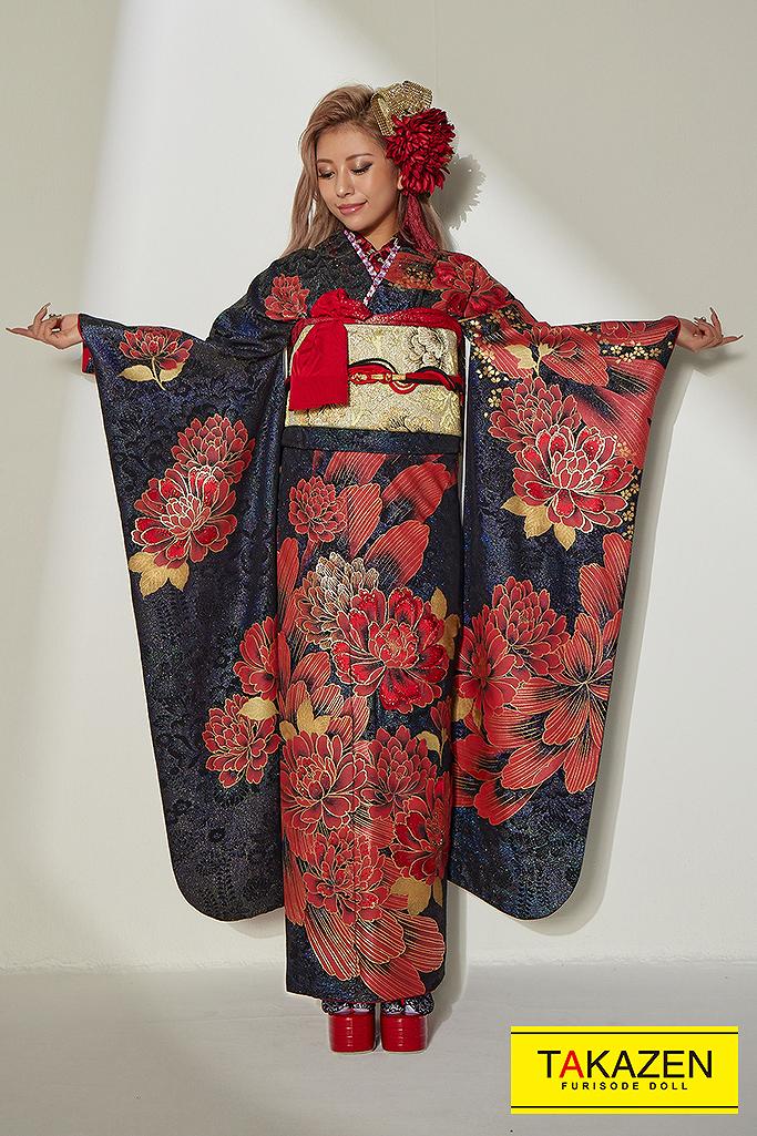 TAKAZENのレンタル振袖 モード　黒/赤/金　牡丹柄/和柄　華やか　大人っぽい　ギャル振袖　グラマラス系　豪華　セクシー　花魁風　中村りおん【通販可】32109
