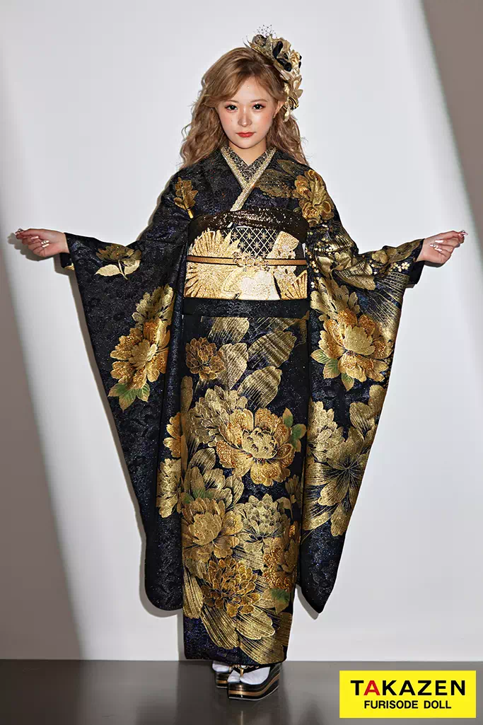 TAKAZENのレンタル振袖 かっこいい系　黒/金/ゴールド　牡丹柄　派手　人気　大人っぽい　綺麗系振袖　渋い　グラマラス　聖菜【通販可】32110