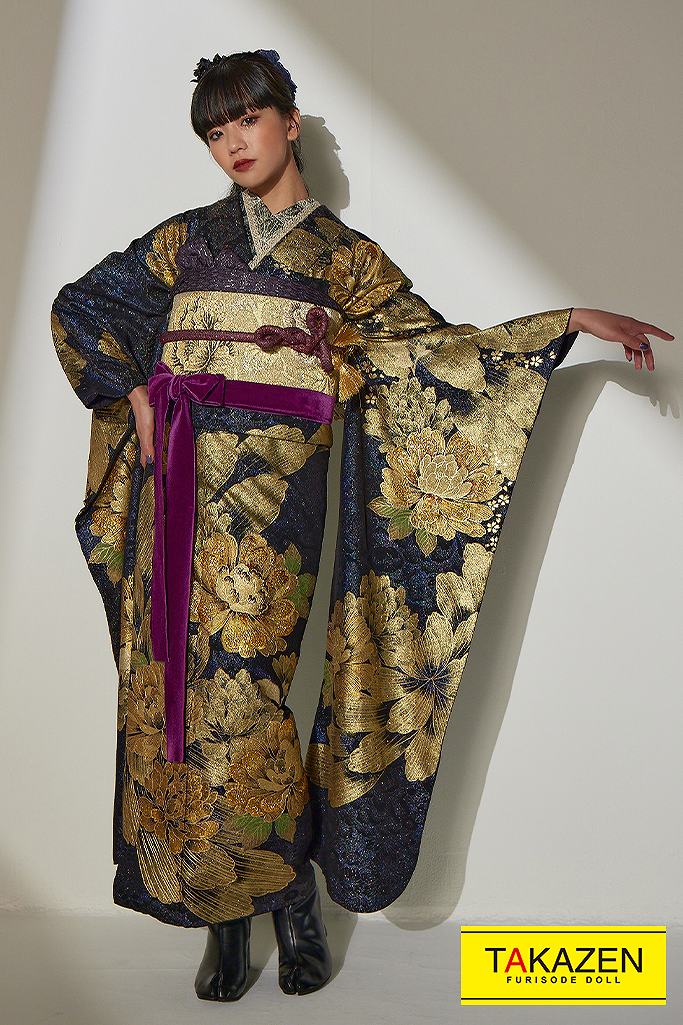 TAKAZENのレンタル振袖 大人モード　黒/ゴールド(金色)　牡丹柄　派手　人気　大人っぽい　綺麗系振袖　渋かっこいい【通販可】　32110