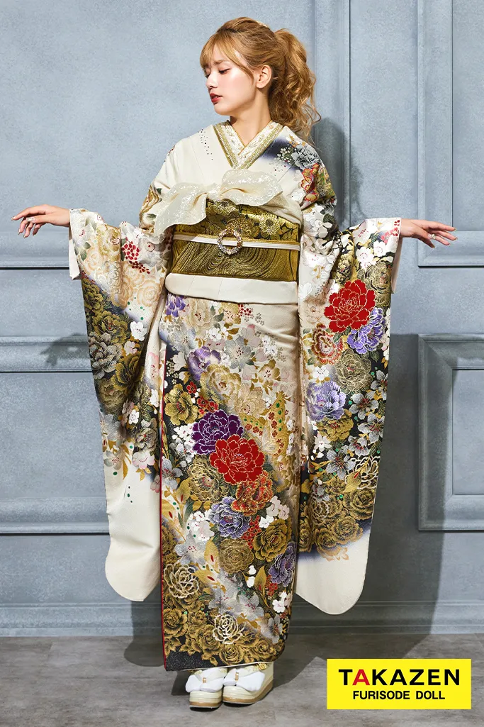 TAKAZENのレンタル振袖 格安モード系　白/金　牡丹柄　桂由美デザイン振袖　かっこいい　派手　目立つ　渋い　キラキラスワロフスキー付き【通販可】32122