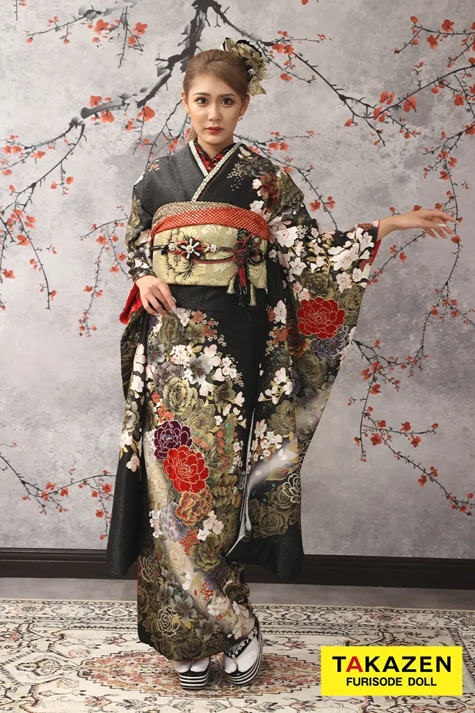 TAKAZENのレンタル振袖 格安モード系　黒/ゴールド(金色)　牡丹柄　花魁風　渋い　ギャル振袖　桂由美デザイン　目立つ【通販可】32123