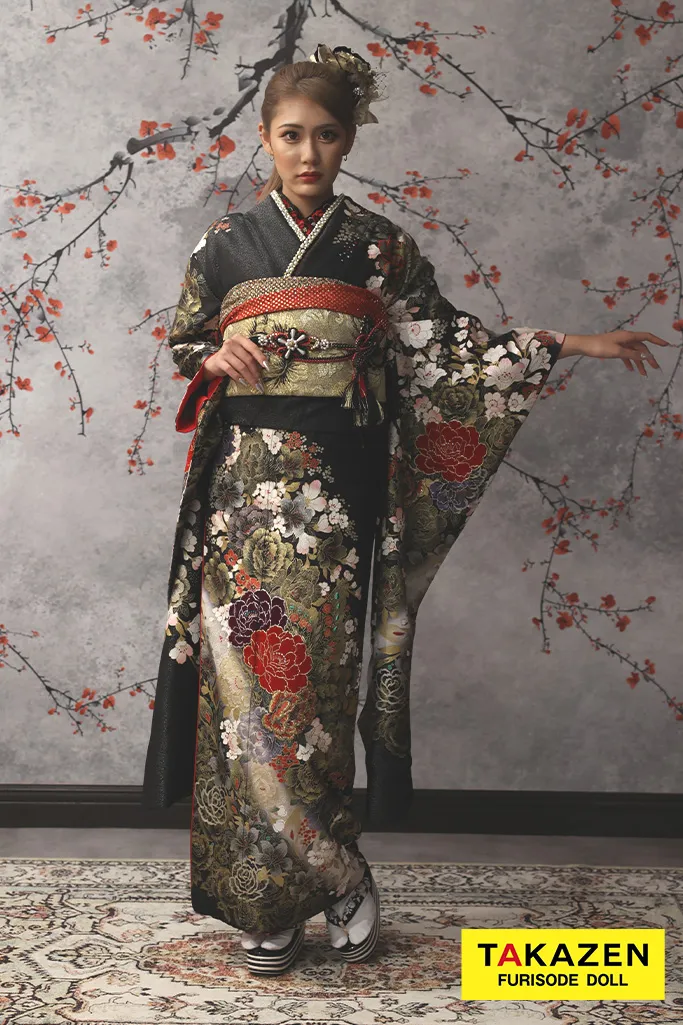 TAKAZENのレンタル振袖 格安モード系　黒/ゴールド(金色)　牡丹柄　花魁風　渋い　ギャル振袖　桂由美デザイン　目立つ【通販可】32123