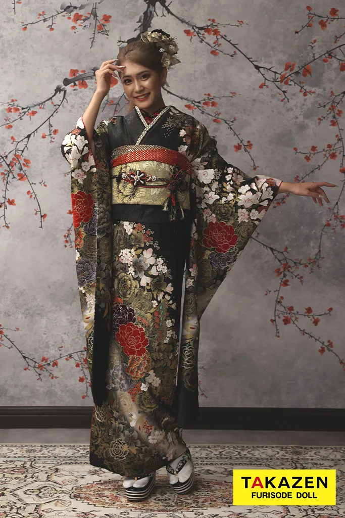 TAKAZENのレンタル振袖 格安モード系　黒/ゴールド(金色)　牡丹柄　花魁風　渋い　ギャル振袖　桂由美デザイン　目立つ【通販可】32123
