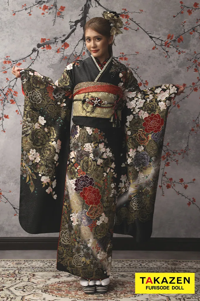 TAKAZENのレンタル振袖 格安モード系　黒/ゴールド(金色)　牡丹柄　花魁風　渋い　ギャル振袖　桂由美デザイン　目立つ【通販可】32123