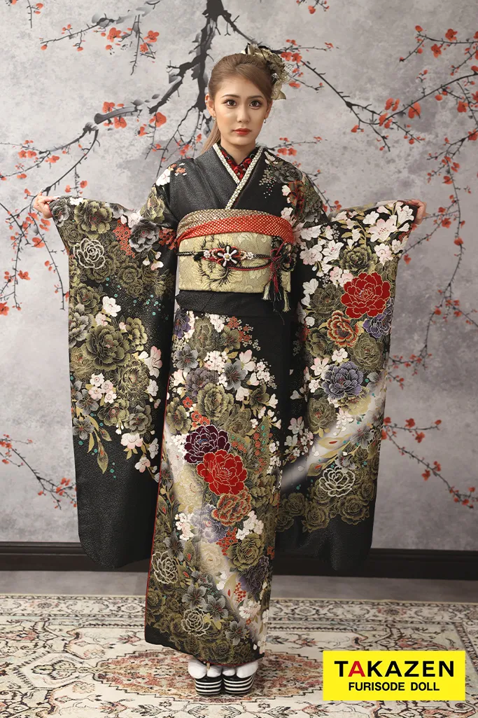 TAKAZENのレンタル振袖 格安モード系　黒/ゴールド(金色)　牡丹柄　花魁風　渋い　ギャル振袖　桂由美デザイン　目立つ【通販可】32123