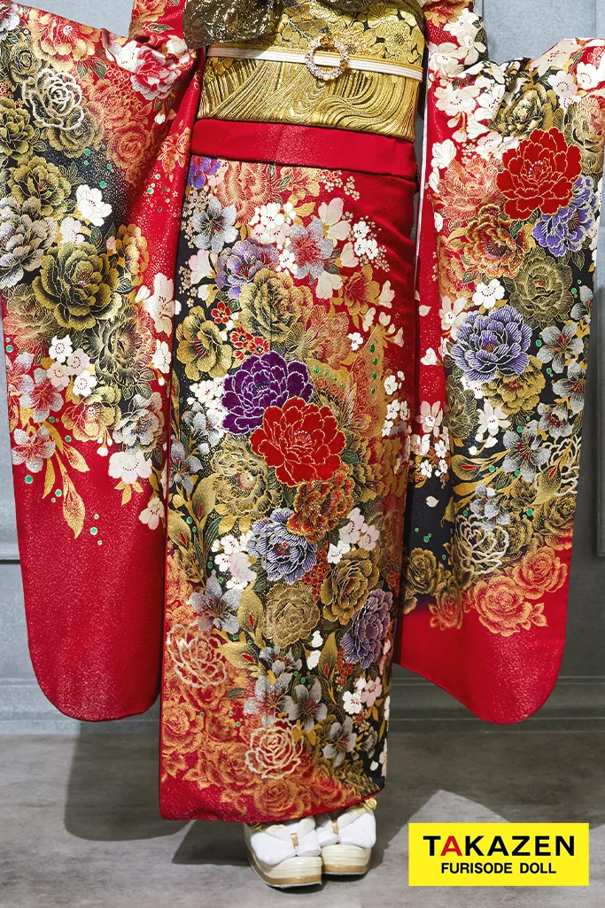 TAKAZENのレンタル振袖 激安モード系　赤　牡丹柄　桂由美デザイン振袖　かっこいい　セクシー　派手　目立つ【通販可】32124