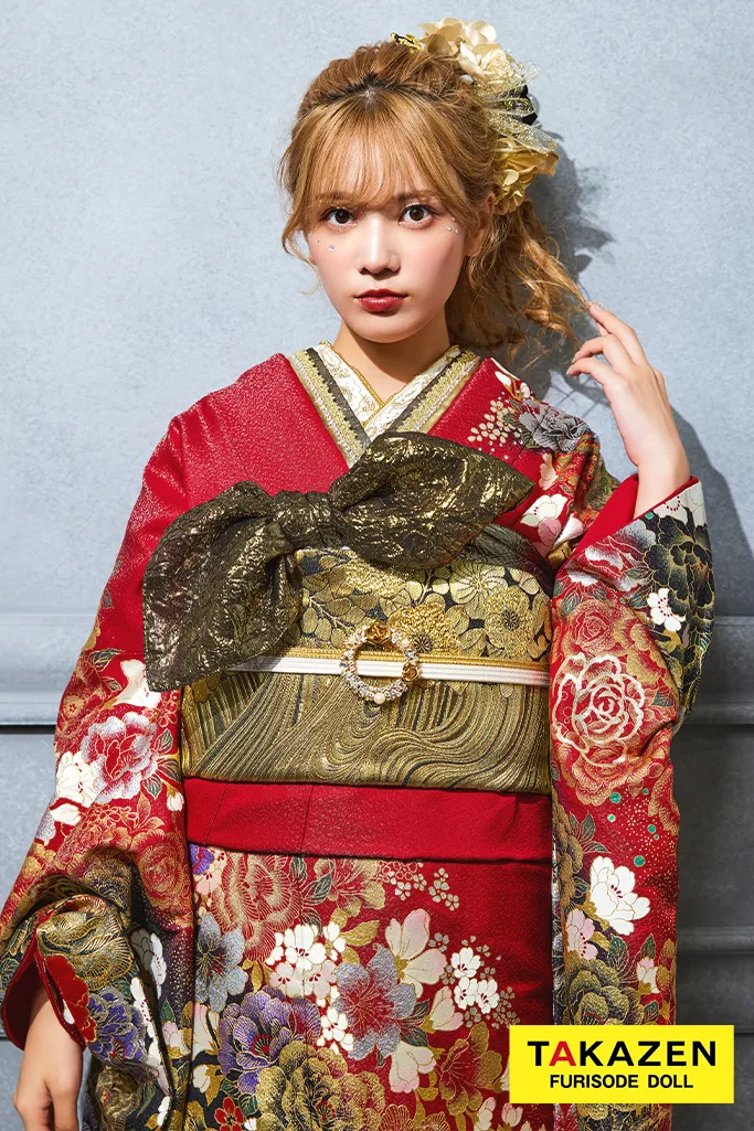 TAKAZENのレンタル振袖 激安モード系　赤　牡丹柄　桂由美デザイン振袖　かっこいい　セクシー　派手　目立つ【通販可】32124