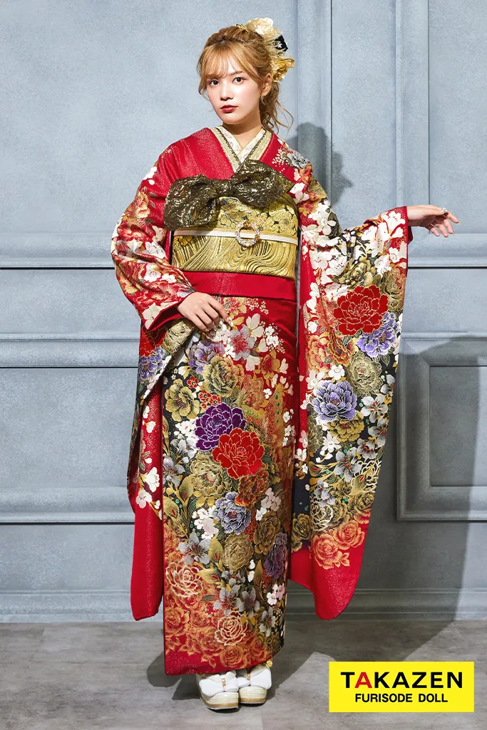 TAKAZENのレンタル振袖 激安モード系　赤　牡丹柄　桂由美デザイン振袖　かっこいい　セクシー　派手　目立つ【通販可】32124