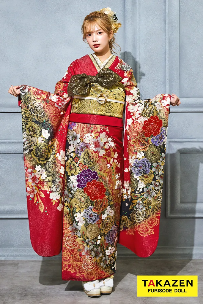 TAKAZENのレンタル振袖 激安モード系　赤　牡丹柄　桂由美デザイン振袖　かっこいい　セクシー　派手　目立つ【通販可】32124