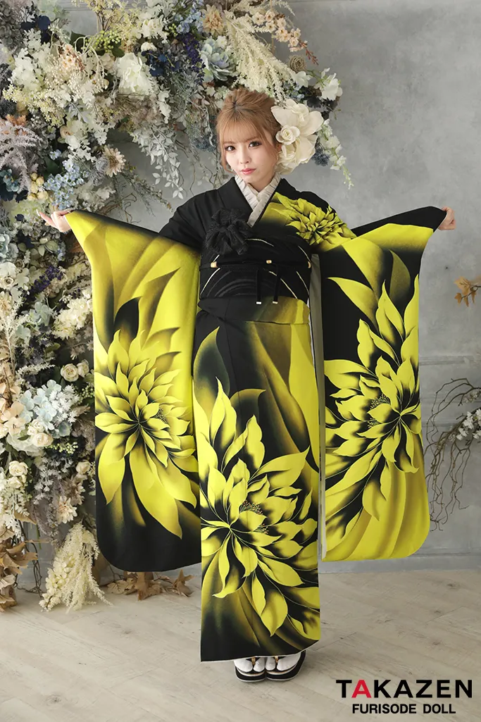 TAKAZENのレンタル振袖 安い！モード系　黒/黄色/蛍光色　蓮柄/大柄　かっこいい　シンプルギャル振袖　クール　ゴージャス　目立つ　高身長さんにおすすめ【通販可】32132