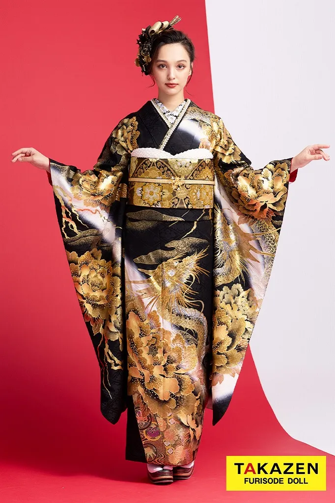 TAKAZENのレンタル振袖 ジャパンモード　黒/金(ゴールド)　本家龍柄　いかつい　派手　渋い　花魁風振袖(進撃のノア様着用)　キラキラスワロフスキー付き　香川るな【通販可】32134