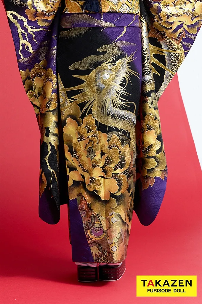 TAKAZENのレンタル振袖 ジャパンモード　紫/黒/ゴールド(金色)　本家龍柄　渋い　派手　カッコイイ　ゴージャス　花魁風振袖　絶対目立つ　キラキラ　今井アンジェリカ【通販可】32136