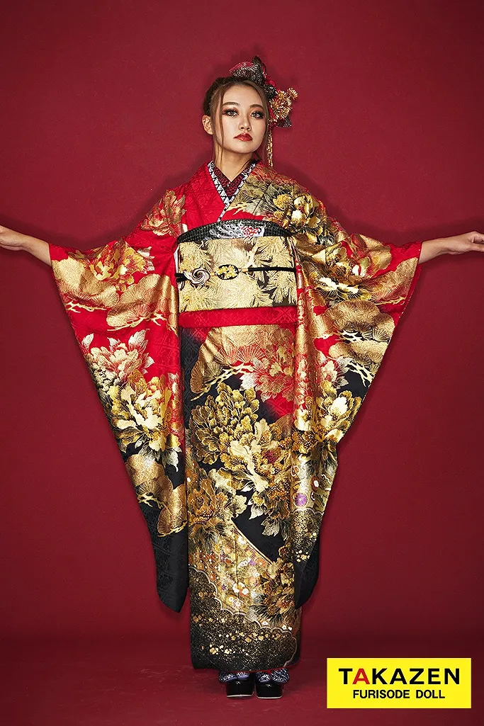 TAKAZENのレンタル振袖 ジャパンモード　赤/黒/金/ゴールド　牡丹柄　渋い　派手かっこいい　ギャル振袖　一番目立つ　スワロフスキー付き　極妻風　中村りおん【通販可】32140