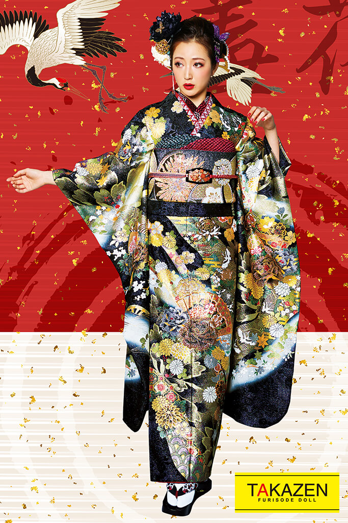 TAKAZENのレンタル振袖 ジャパンモード　白/黒/ゴールド(金色)　吉祥文様　迫力満点　クール系　花魁風　派手　目立つ　ラメ入り生地　坂本礼美【通販可】32141
