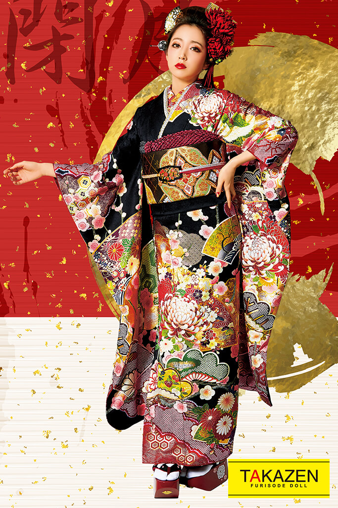 TAKAZENのレンタル振袖 ジャパンモード　白/黒/ゴールド(金色)　乱菊柄　渋い　豪華　花魁風振袖　華やか　かっこいい　坂本礼美【通販可】32145