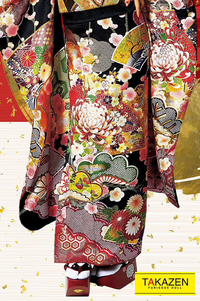 TAKAZENのレンタル振袖 ジャパンモード　白/黒/ゴールド(金色)　乱菊柄　渋い　豪華　花魁風振袖　華やか　かっこいい　坂本礼美【通販可】32145