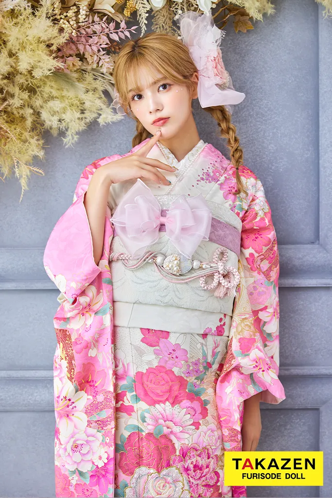 TAKAZENのレンタル振袖 安い！キュート＆ガーリー　白ピンク　牡丹柄　桂由美デザイン振袖　かわいい　リボンコーデ　ラブリー【通販可】32153
